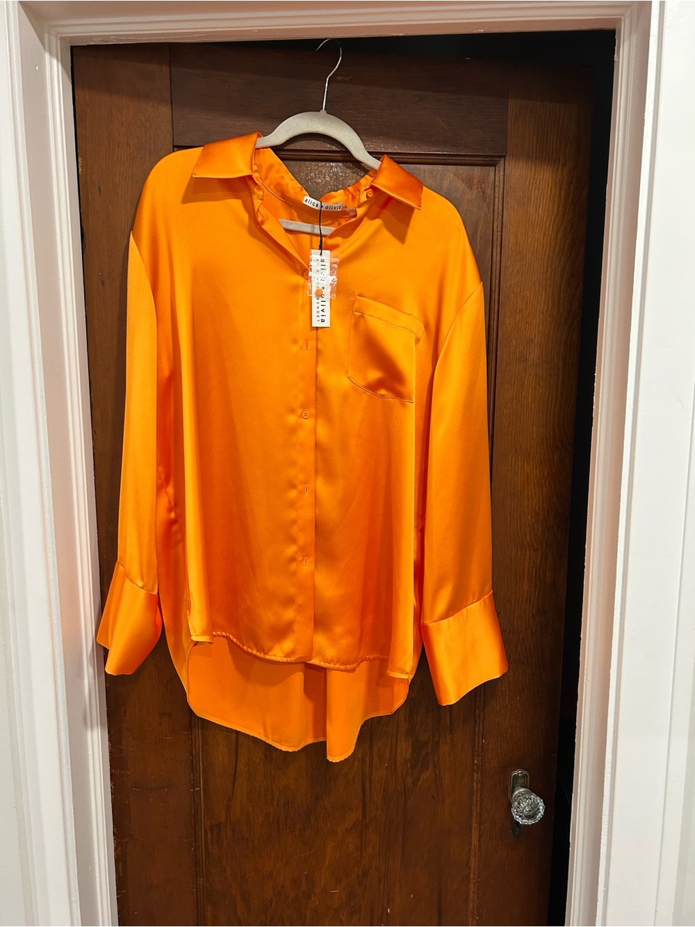 Alice + Olivia Tangerine Satin Button-Front Blouse